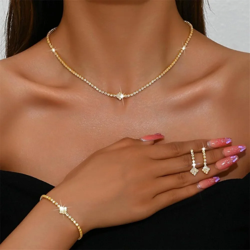 Bridal Jewelry Set Women Crystal Necklace Earrings Bracelet Formal Occasions